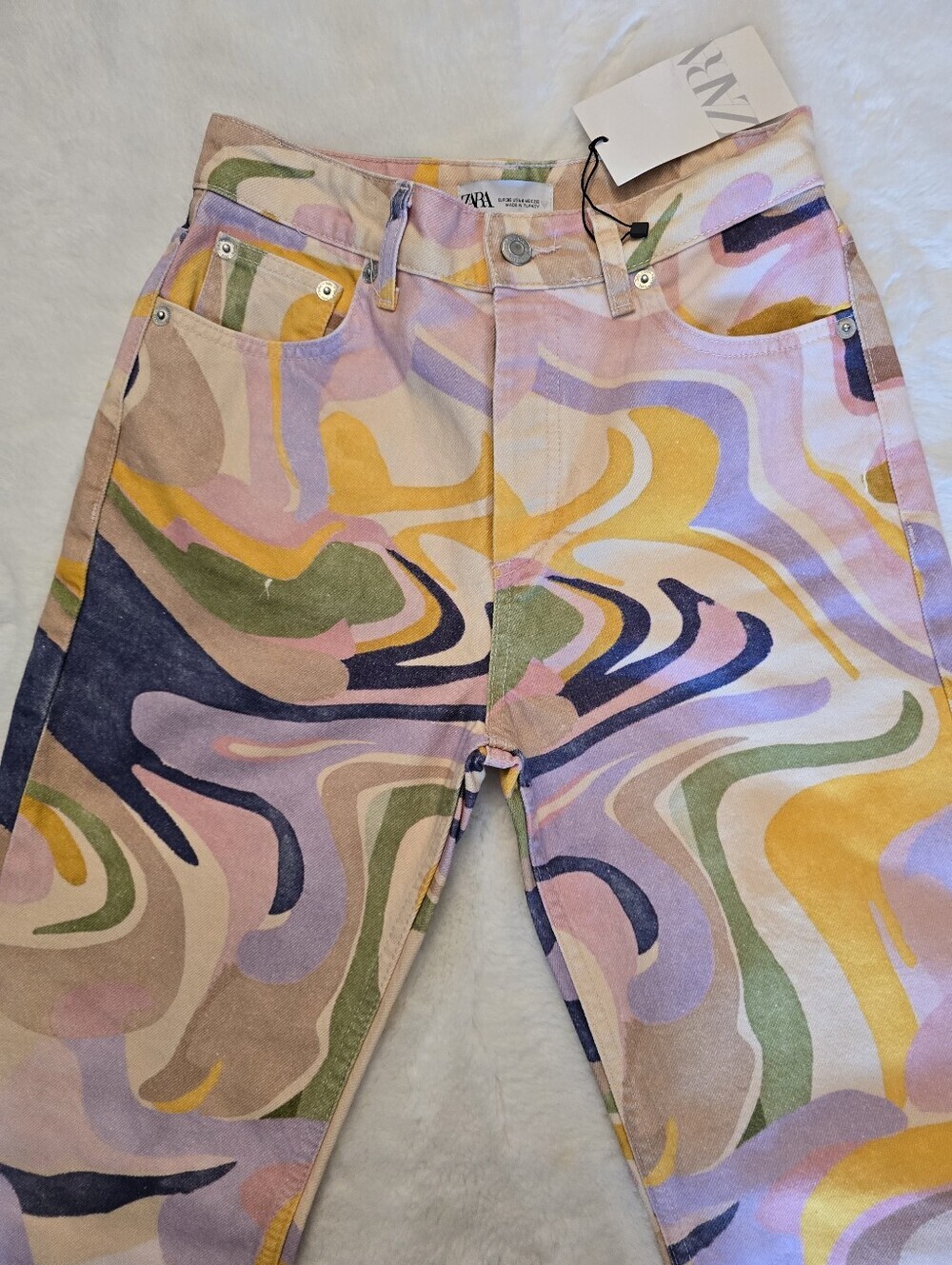 ZARA Women's Swirling Abstract Jeans Mid Rise Straight Leg Retro Boho - Picture 4 of 12